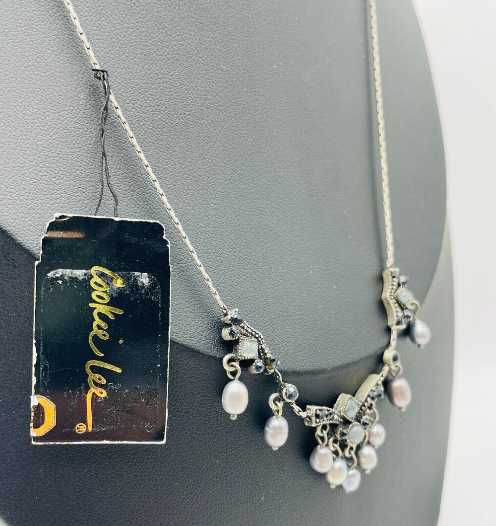 Cookie Lee Gray Freshwater Pearl Dangle Bib 18" Silver Tone Necklace Paper Tag
